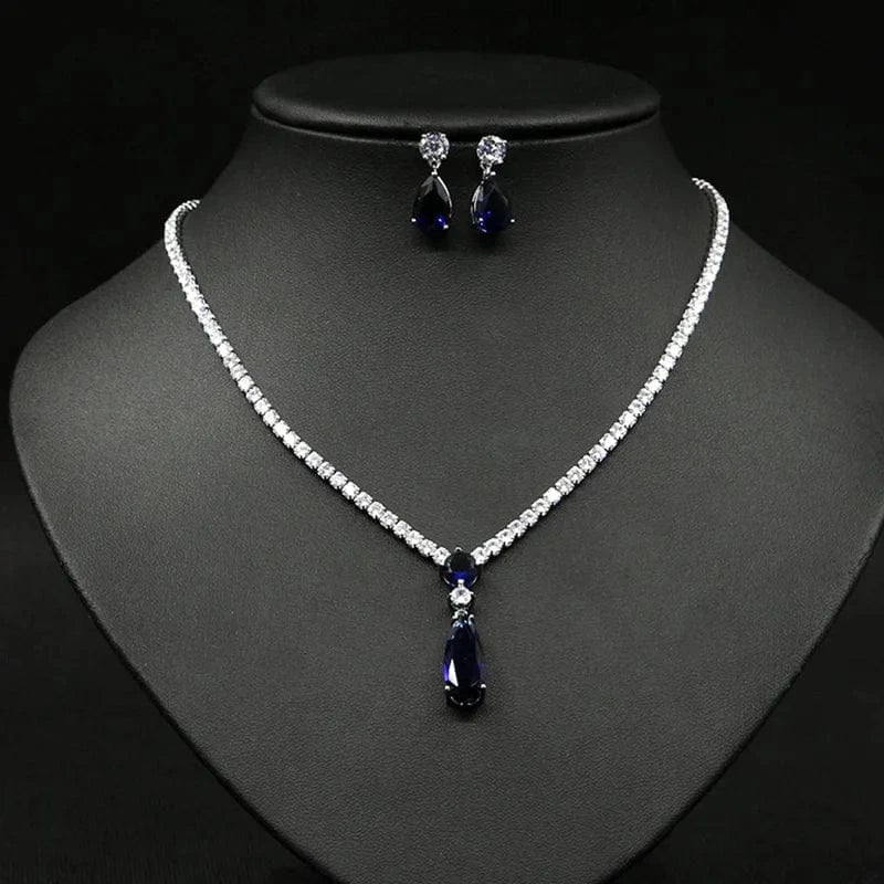 Luxury Colorful Zircon Water Drop Charm Necklace Silver Needle Drop Earring Women Fashion Bridal Wedding Jewelry Set Mother Gift