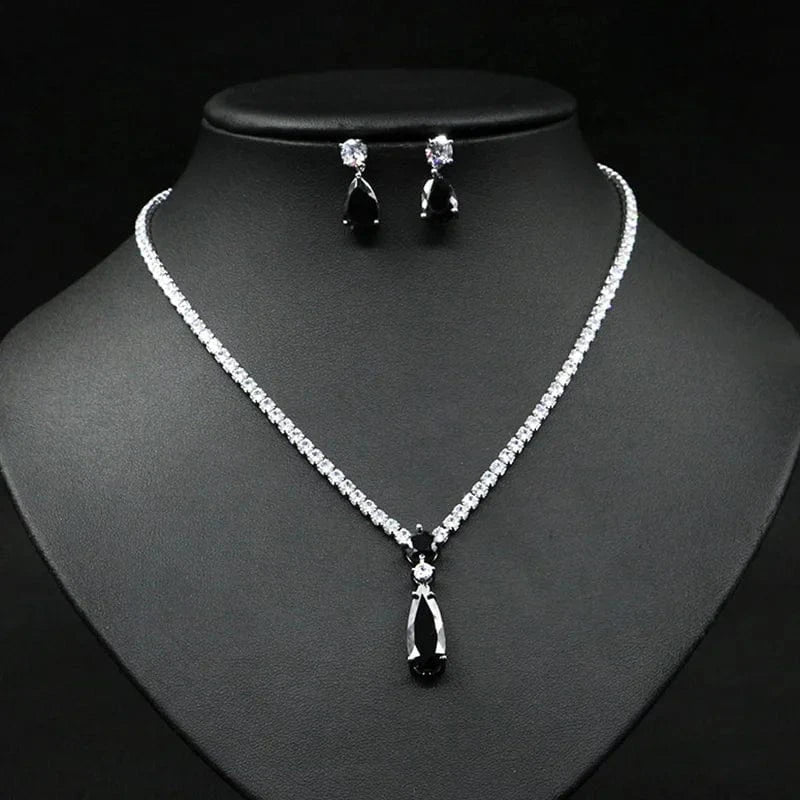 Luxury Colorful Zircon Water Drop Charm Necklace Silver Needle Drop Earring Women Fashion Bridal Wedding Jewelry Set Mother Gift