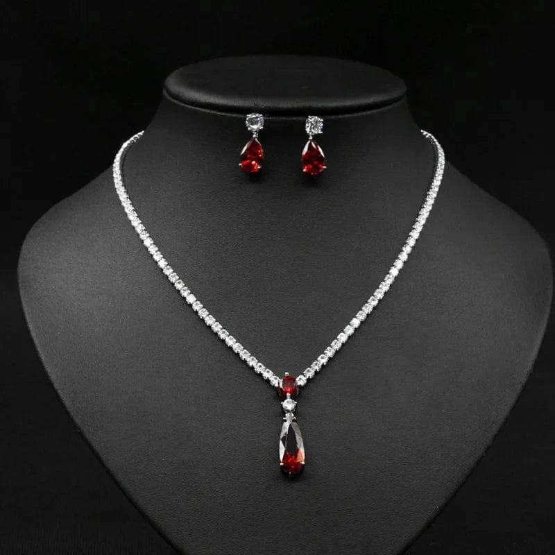 Luxury Colorful Zircon Water Drop Charm Necklace Silver Needle Drop Earring Women Fashion Bridal Wedding Jewelry Set Mother Gift