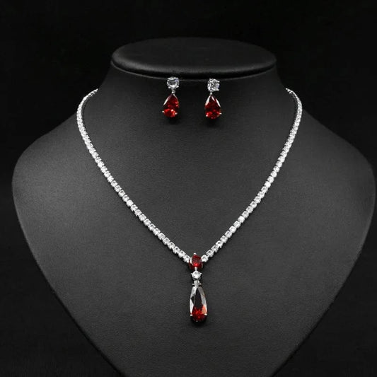 Luxury Colorful Zircon Water Drop Charm Necklace Silver Needle Drop Earring Women Fashion Bridal Wedding Jewelry Set Mother Gift