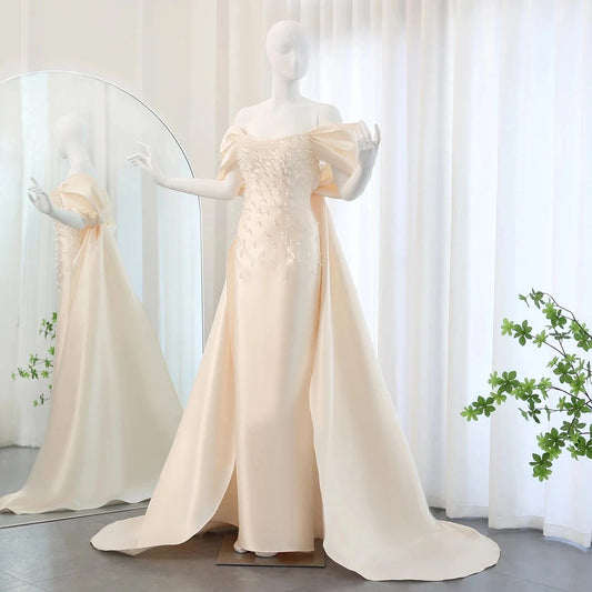 Luxury Crystal Beige Dubai Evening Dresses with Cape Sleeves Overskirt Arabic Women Wedding Formal Party Gowns SZ426