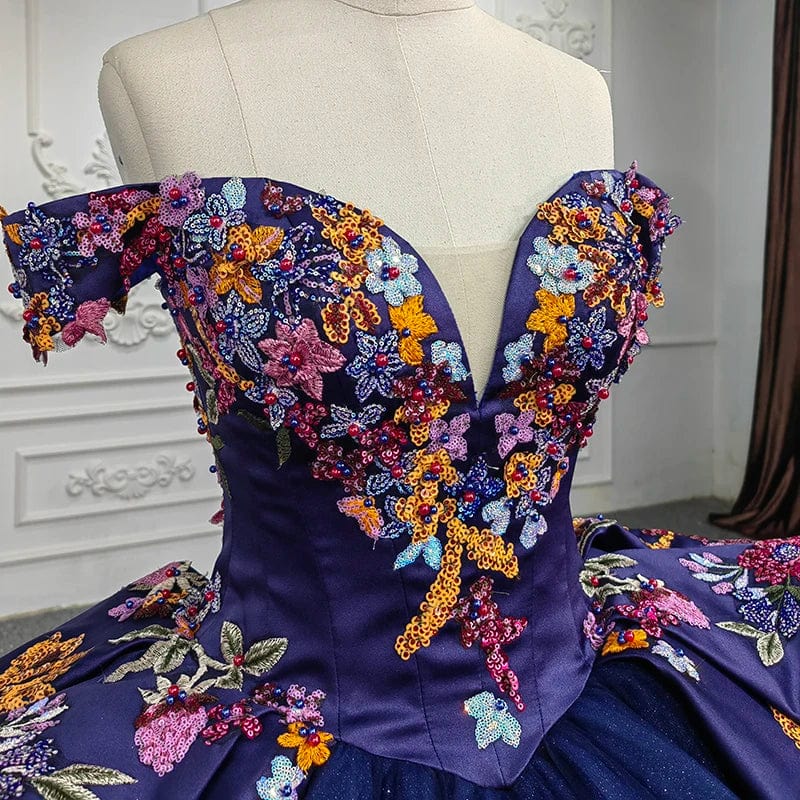 Luxury Dark Blue Flower Ball Gown Quinceaneara Dresses With Long Tail Jancember 9945-B