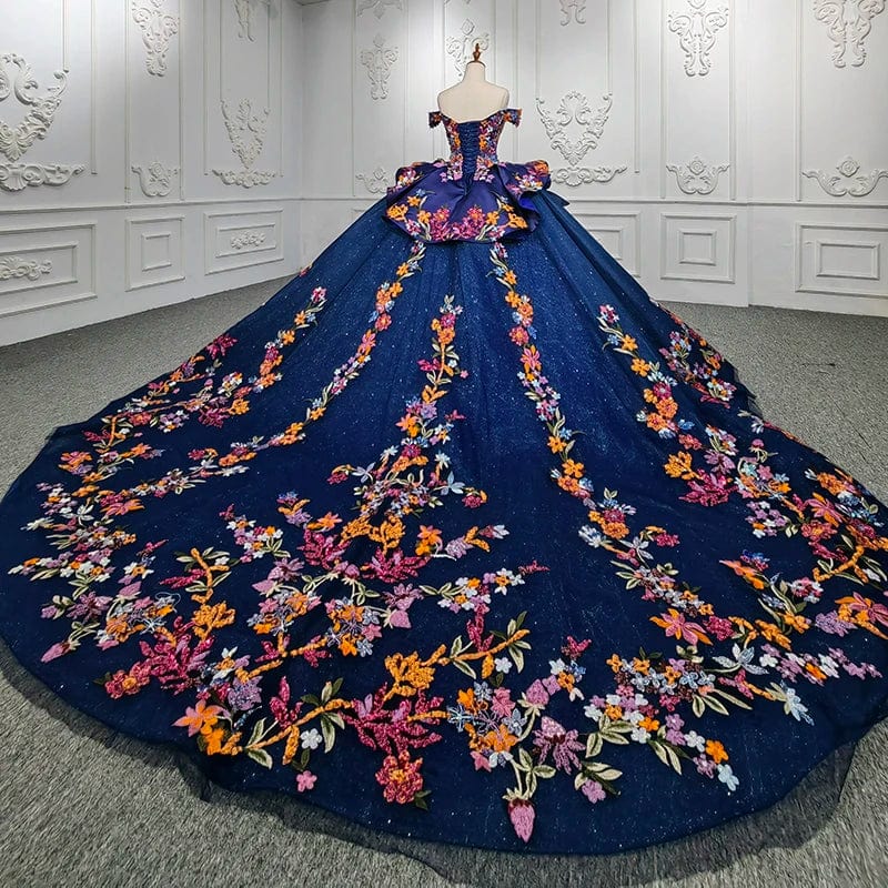 Luxury Dark Blue Flower Ball Gown Quinceaneara Dresses With Long Tail Jancember 9945-B