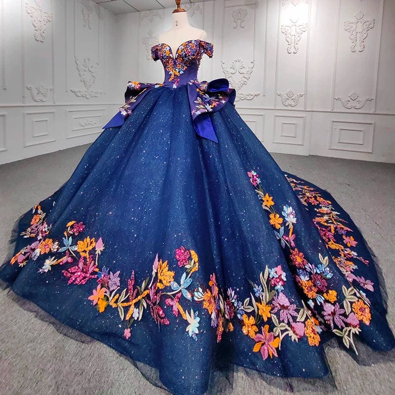 Luxury Dark Blue Flower Ball Gown Quinceaneara Dresses With Long Tail Jancember 9945-B