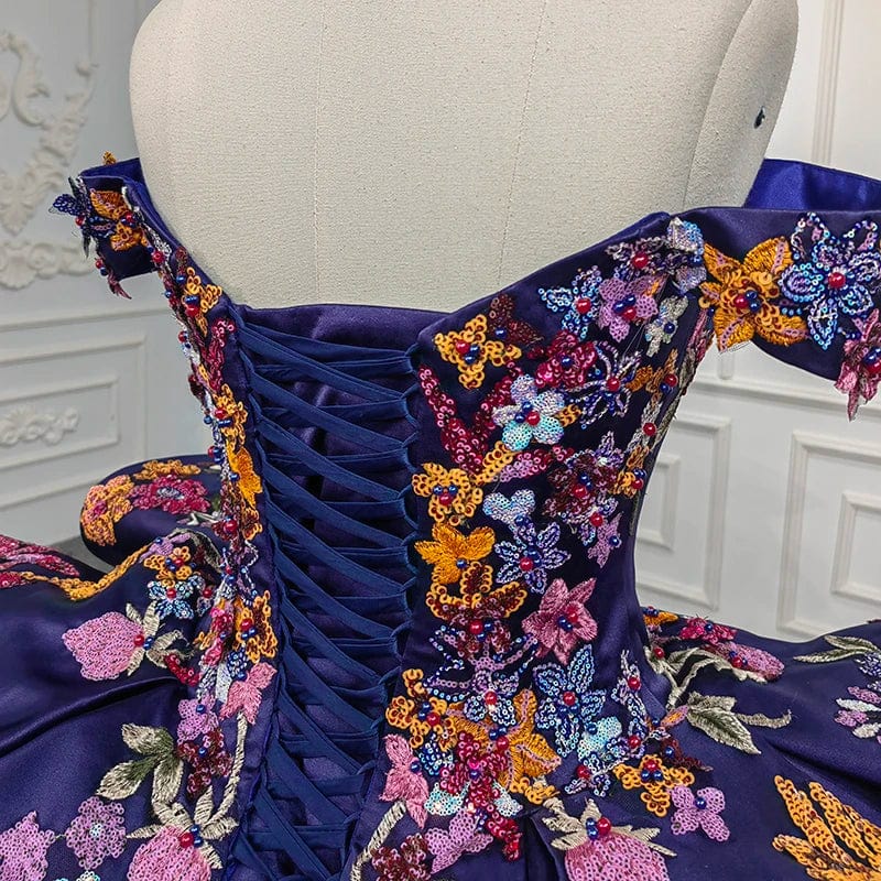 Luxury Dark Blue Flower Ball Gown Quinceaneara Dresses With Long Tail Jancember 9945-B