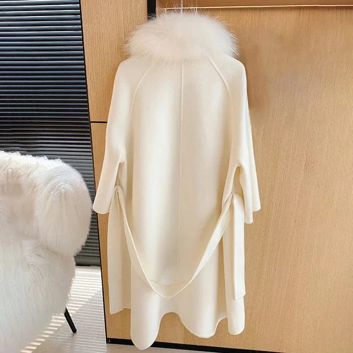 Luxury Double Sided Belted Wool Coat Women Real Fox Fur Collar Cashmere Trench Coats