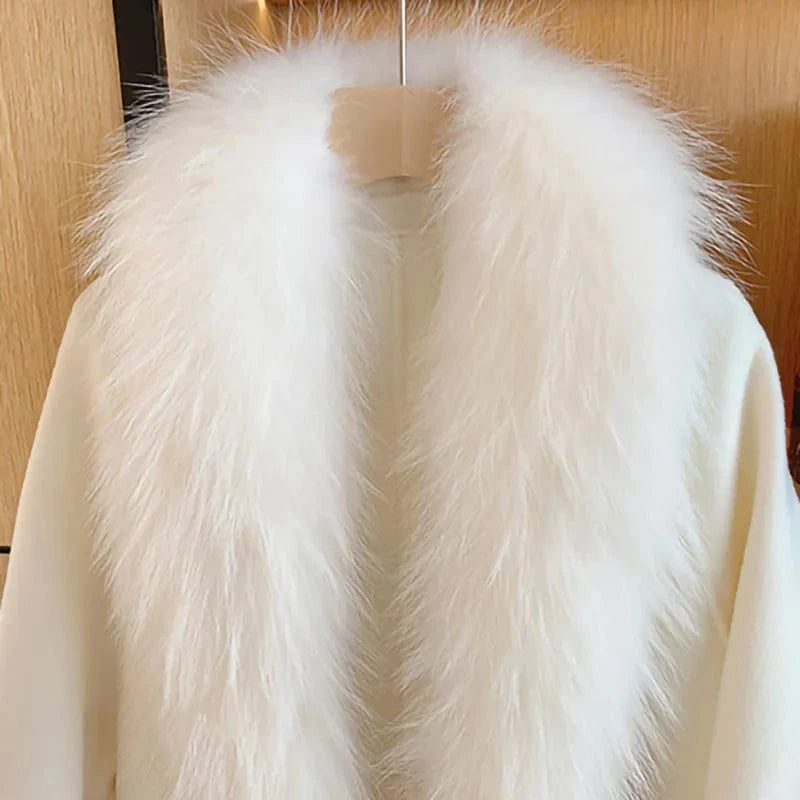Luxury Double Sided Belted Wool Coat Women Real Fox Fur Collar Cashmere Trench Coats