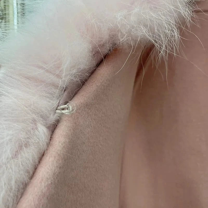 Luxury Double Sided Belted Wool Coat Women Real Fox Fur Collar Cashmere Trench Coats