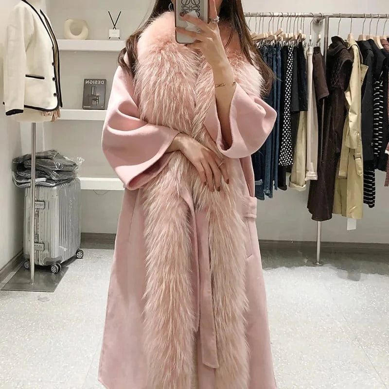 Luxury Double Sided Belted Wool Coat Women Real Fox Fur Collar Cashmere Trench Coats
