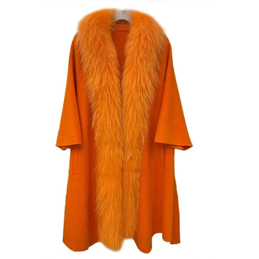 Luxury Double Sided Belted Wool Coat Women Real Fox Fur Collar Cashmere Trench Coats