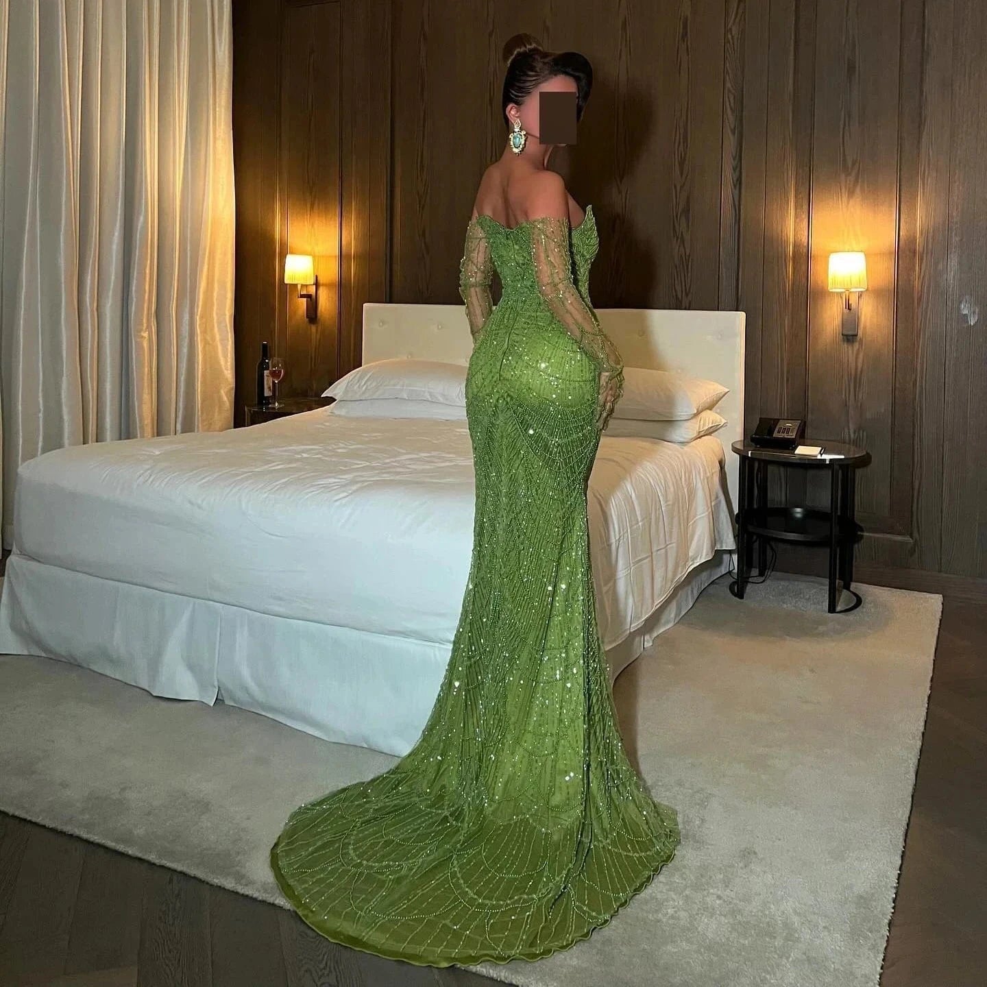 Luxury Dubai Mermaid Green Evening Dresses with Gloves 2024 Elegant Saudi Arabia Women Wedding Party Gowns SZ306