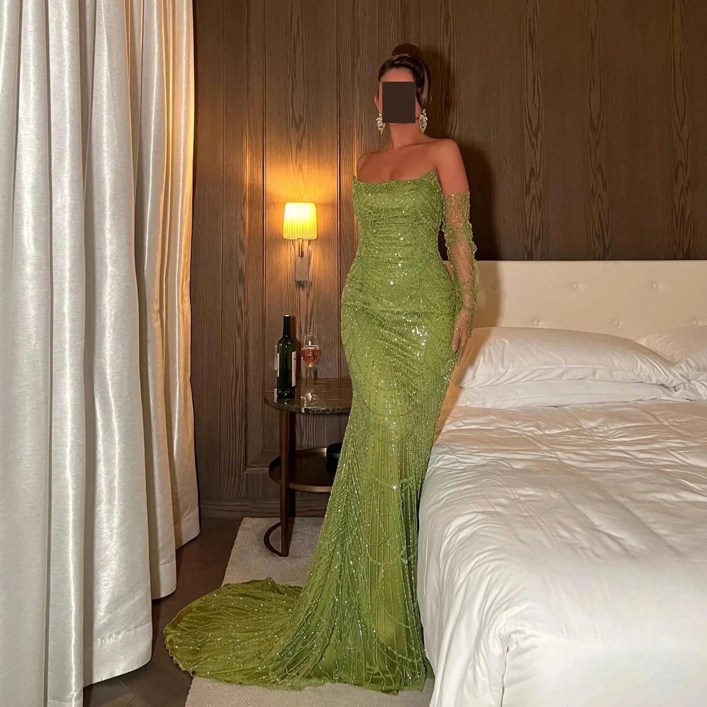Luxury Dubai Mermaid Green Evening Dresses with Gloves 2024 Elegant Saudi Arabia Women Wedding Party Gowns SZ306