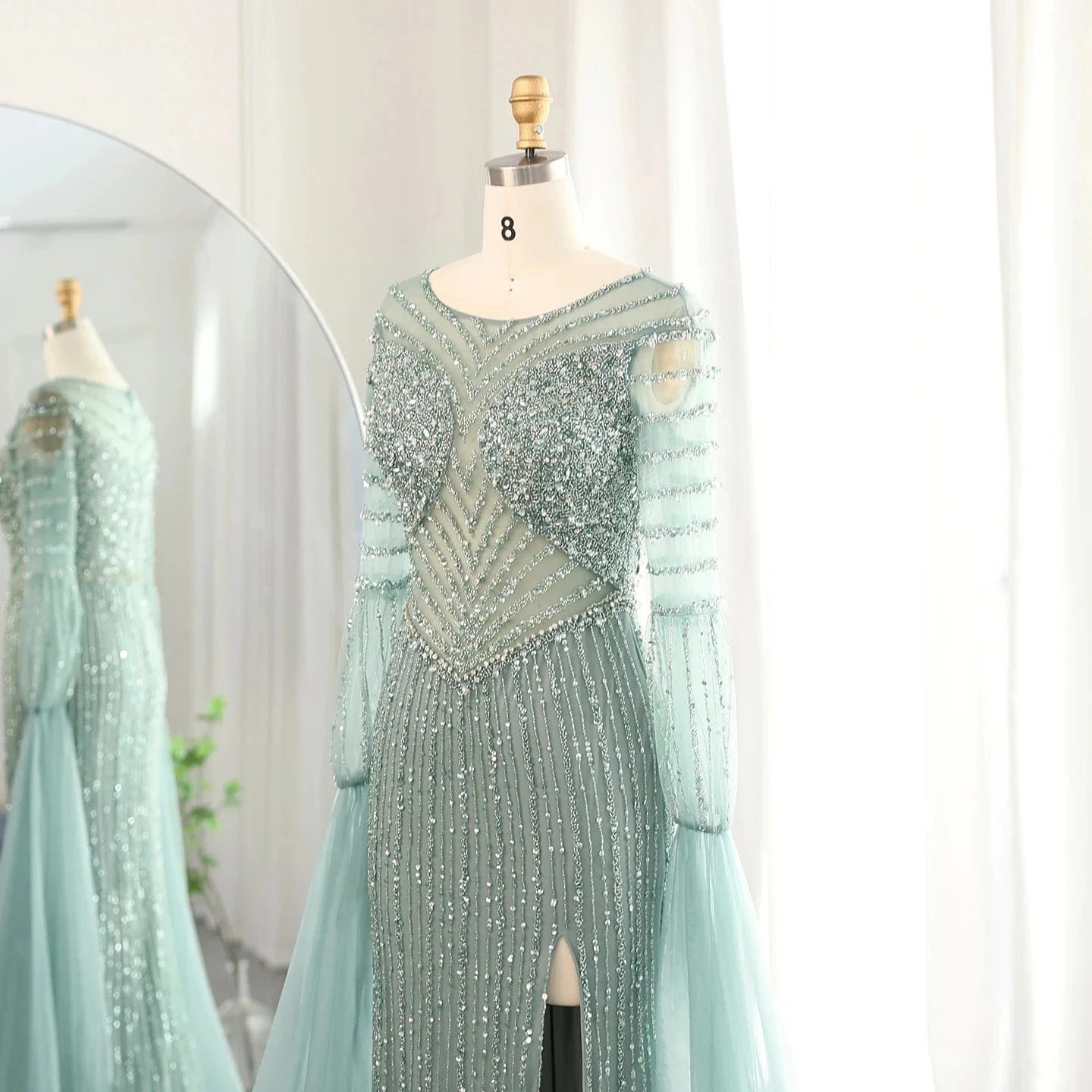 Luxury Dubai Mermaid Lilac Evening Dress With Cape Sleeves Slit Elegant Sage Green Women Wedding Party Gowns Sz178