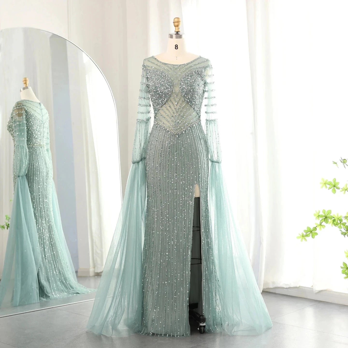 Luxury Dubai Mermaid Lilac Evening Dress With Cape Sleeves Slit Elegant Sage Green Women Wedding Party Gowns Sz178