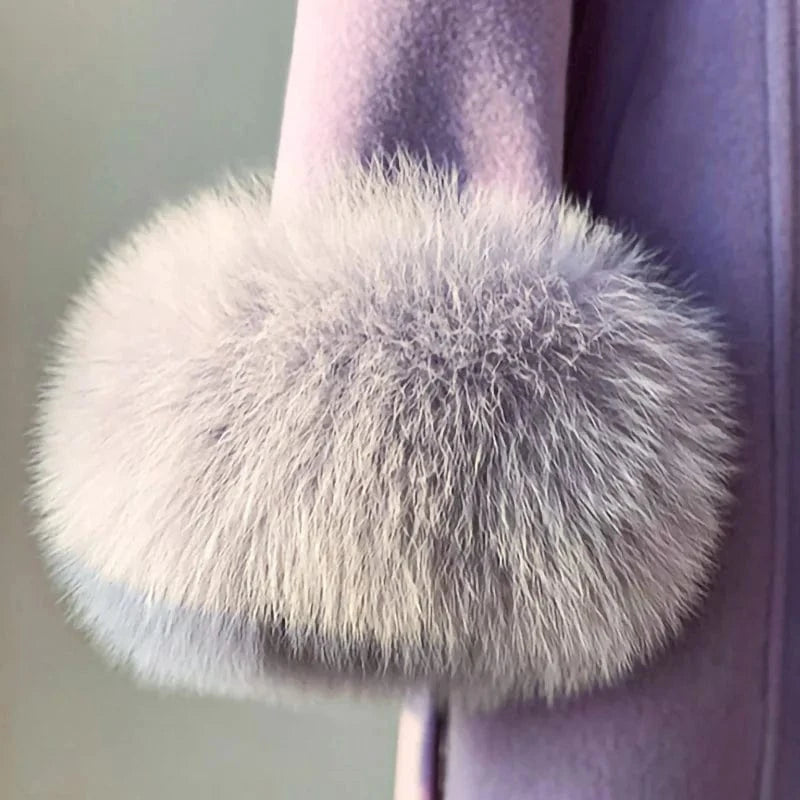 Luxury Extra Women Long Wool Coat Real Fox Fur Collar Cuffs Cashmere Coat with Belt