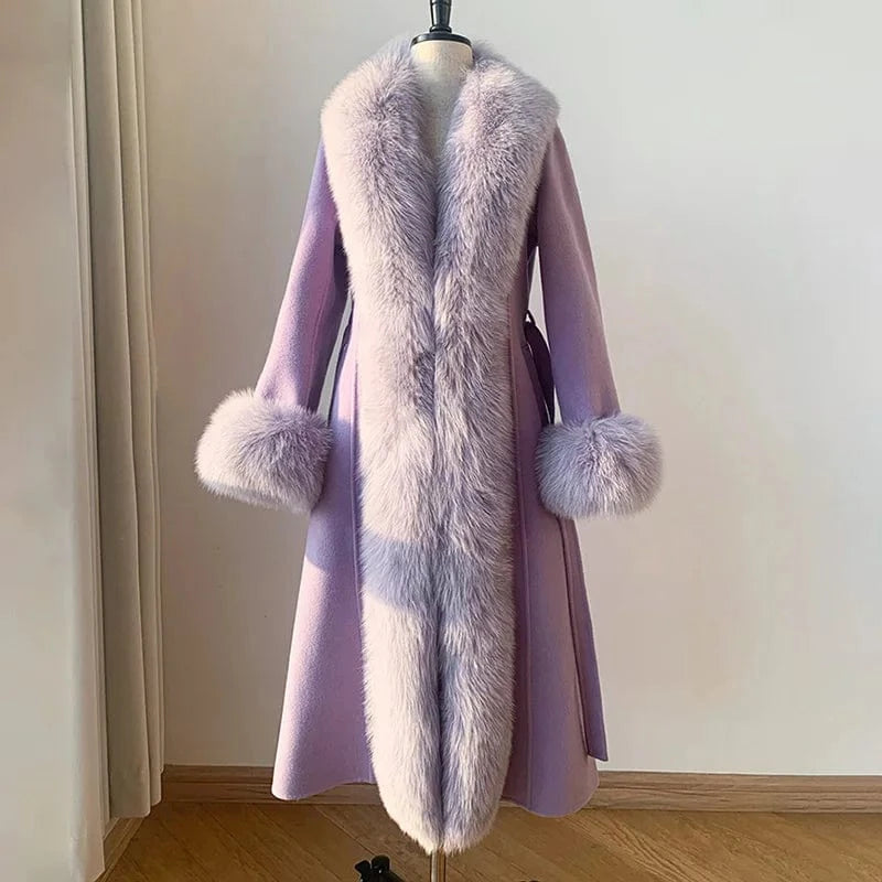 Luxury Extra Women Long Wool Coat Real Fox Fur Collar Cuffs Cashmere Coat with Belt