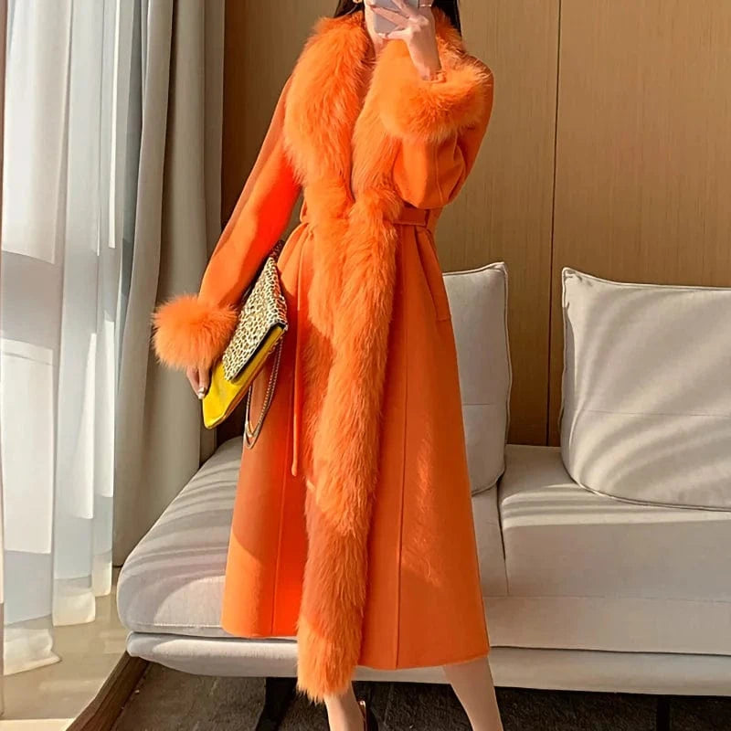 Luxury Extra Women Long Wool Coat Real Fox Fur Collar Cuffs Cashmere Coat with Belt