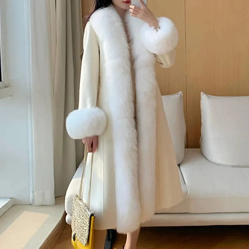 Luxury Extra Women Long Wool Coat Real Fox Fur Collar Cuffs Cashmere Coat with Belt