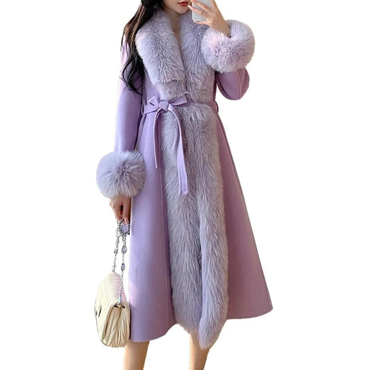 Luxury Extra Women Long Wool Coat Real Fox Fur Collar Cuffs Cashmere Coat with Belt