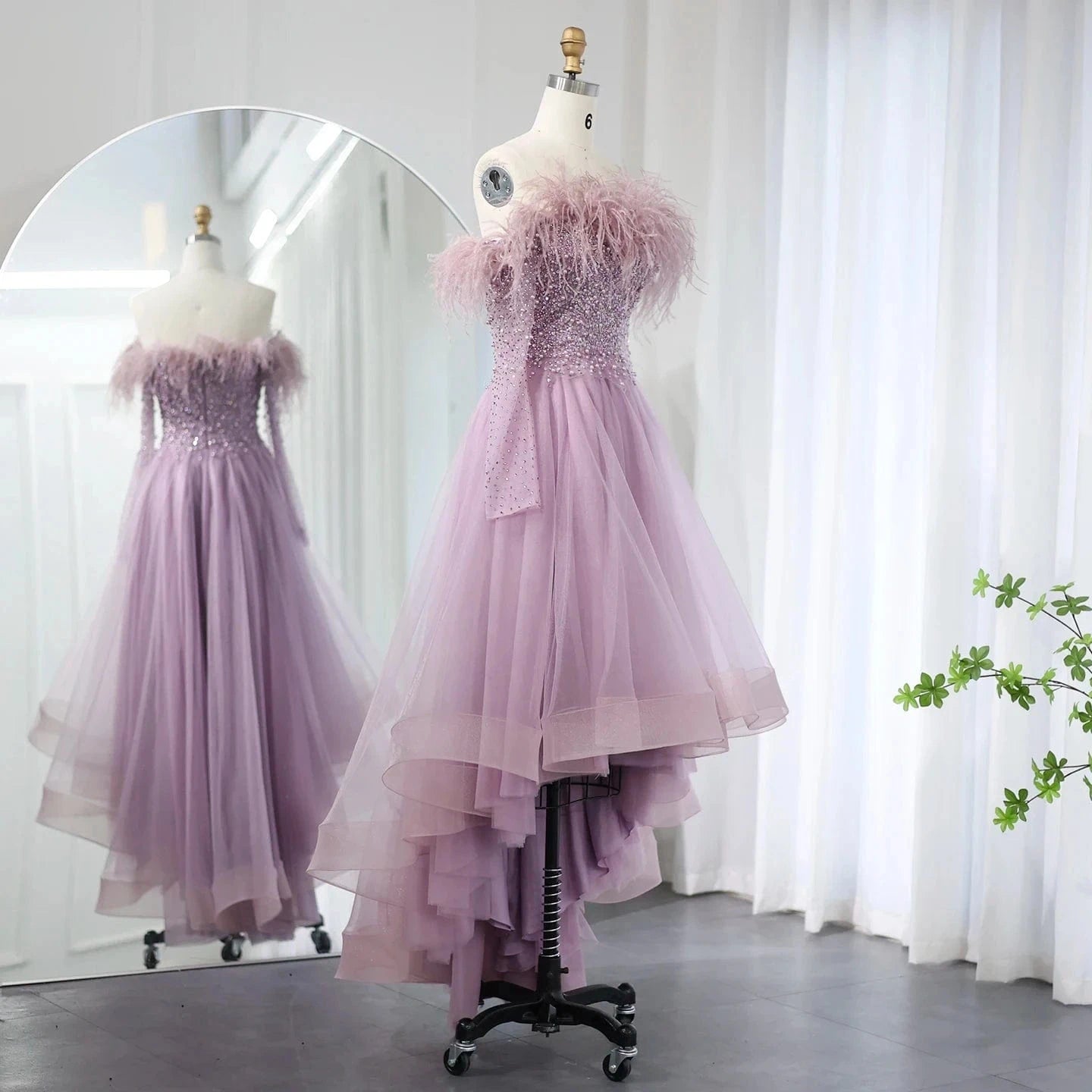 Luxury Feathers Dubai Purple High Low Evening Dresses Elegant Off Shoulder Arab Women Wedding Party Prom Dress Sz465