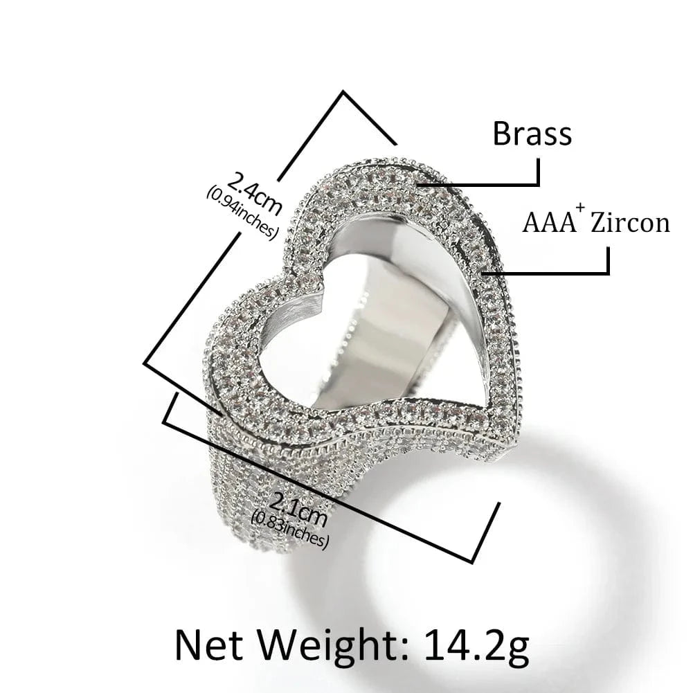 Luxury Hip Hop Hollow Out Heart Ring Party Jewelry Fashion Copper Setting Zircon Finger Cluster Ring Unisex Jewelry Accessories