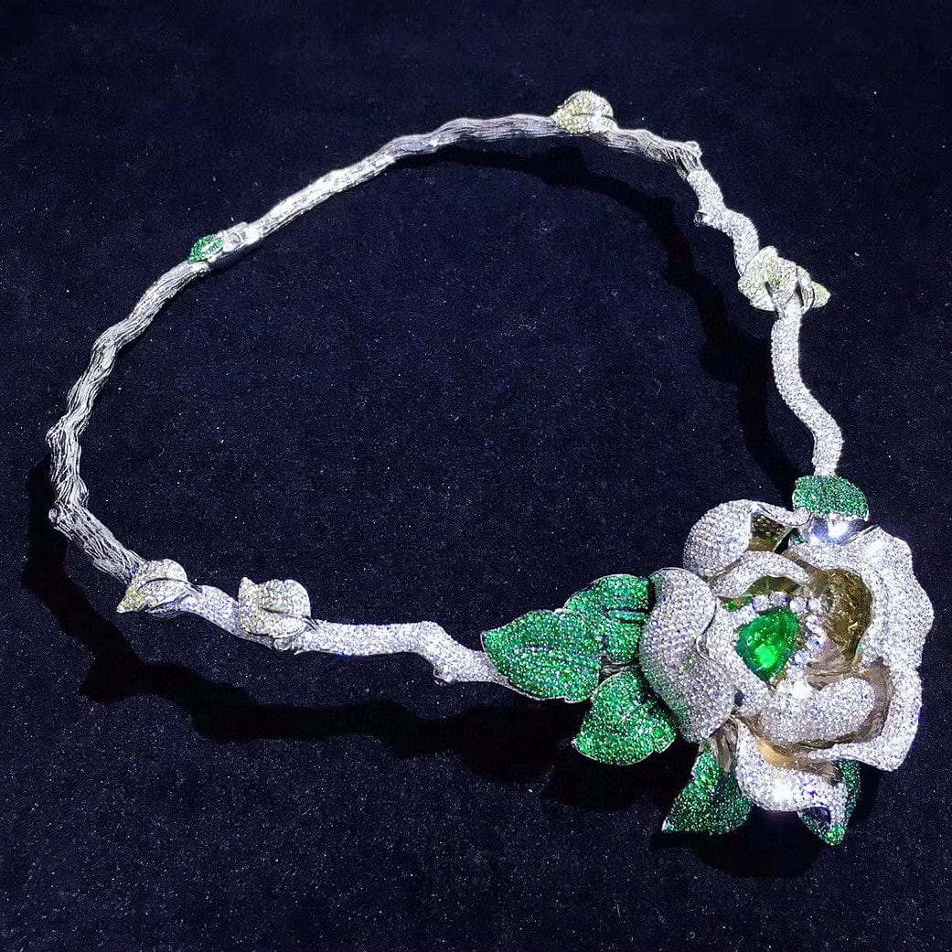 luxury jewelry 925 silver green flower emerald cz micro pave women choker necklace