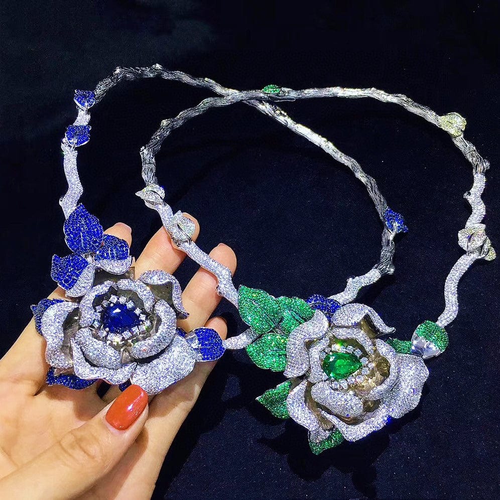 luxury jewelry 925 silver green flower emerald cz micro pave women choker necklace