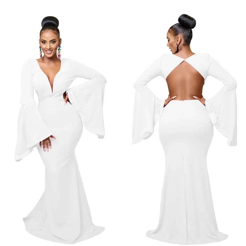 luxury ladies elegance elegant dinner backless flare long sleeve sweep train african party maxi evening gown dress for wedding