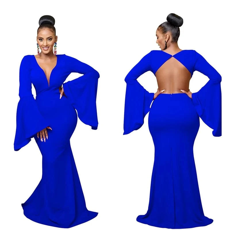luxury ladies elegance elegant dinner backless flare long sleeve sweep train african party maxi evening gown dress for wedding