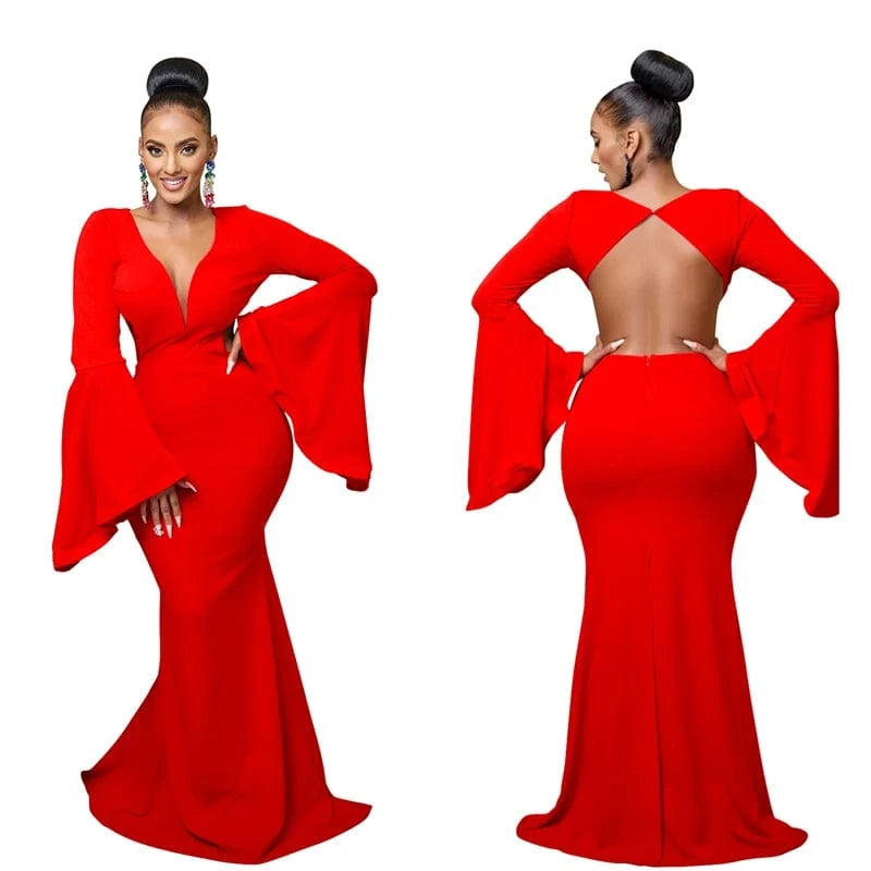 luxury ladies elegance elegant dinner backless flare long sleeve sweep train african party maxi evening gown dress for wedding