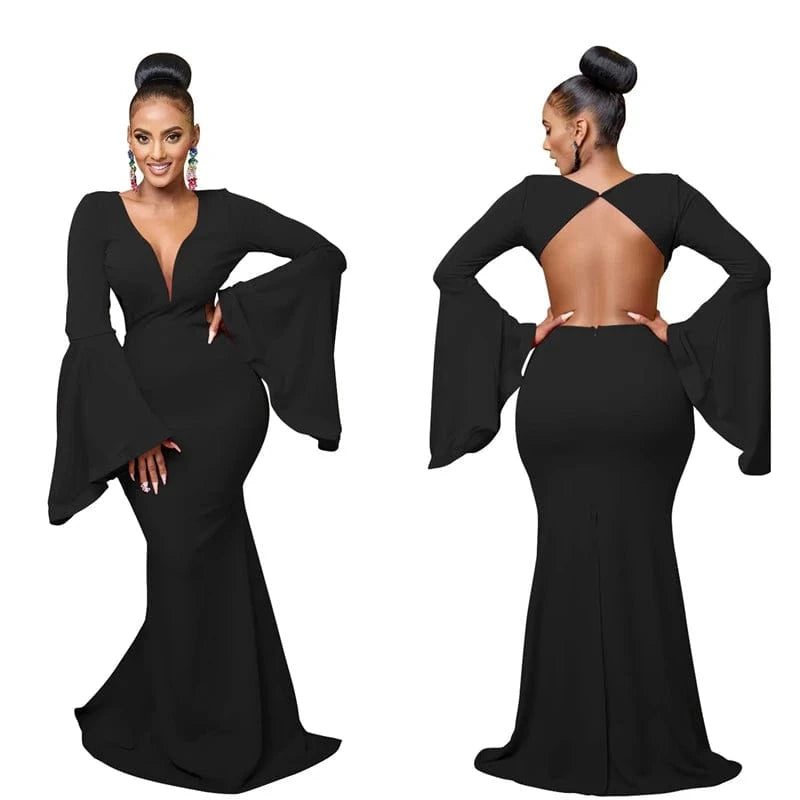 luxury ladies elegance elegant dinner backless flare long sleeve sweep train african party maxi evening gown dress for wedding