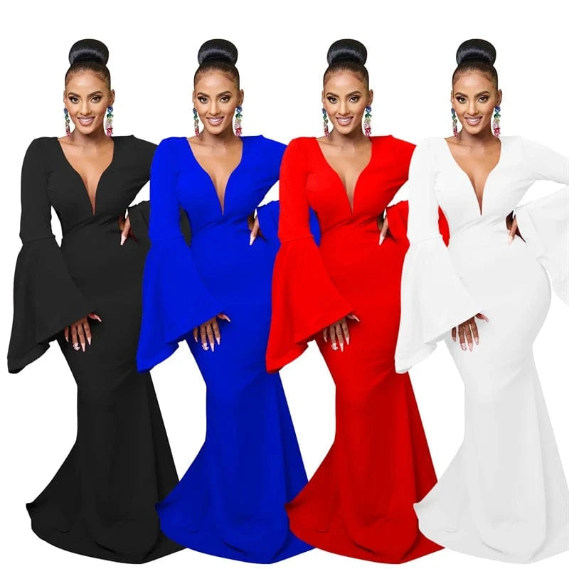 luxury ladies elegance elegant dinner backless flare long sleeve sweep train african party maxi evening gown dress for wedding