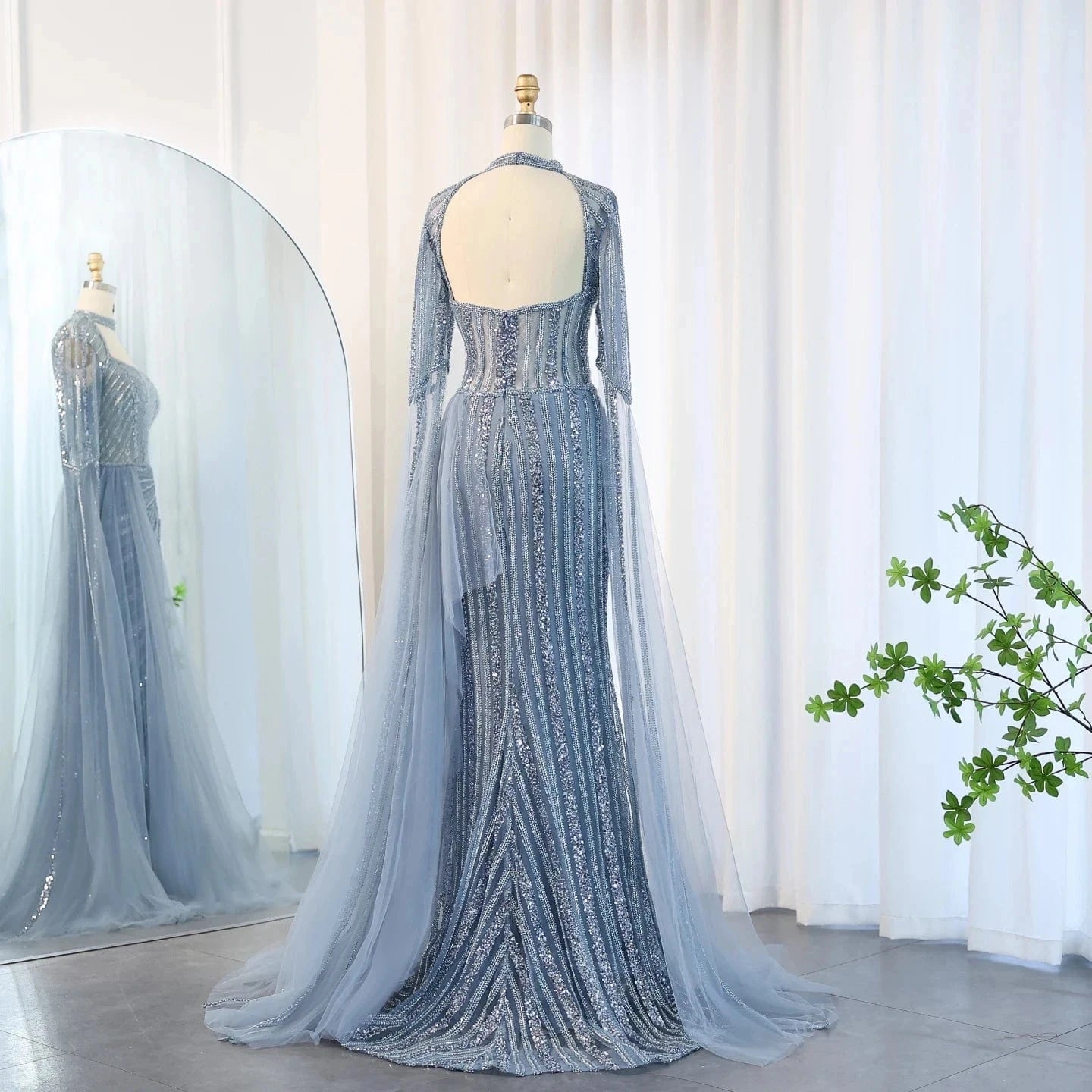 Luxury Mermaid Dusty Pink Evening Dress With Cape Sleeves Slit Elegant Yellow Blue Women Wedding Party Gowns Sz003