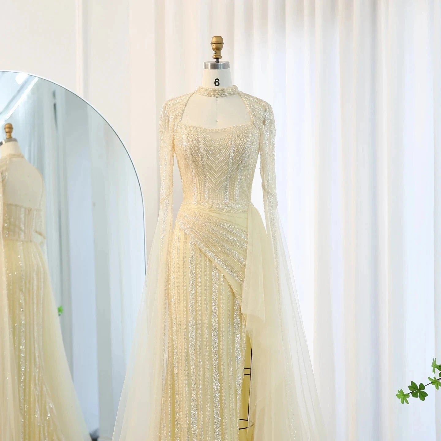 Luxury Mermaid Dusty Pink Evening Dress With Cape Sleeves Slit Elegant Yellow Blue Women Wedding Party Gowns Sz003