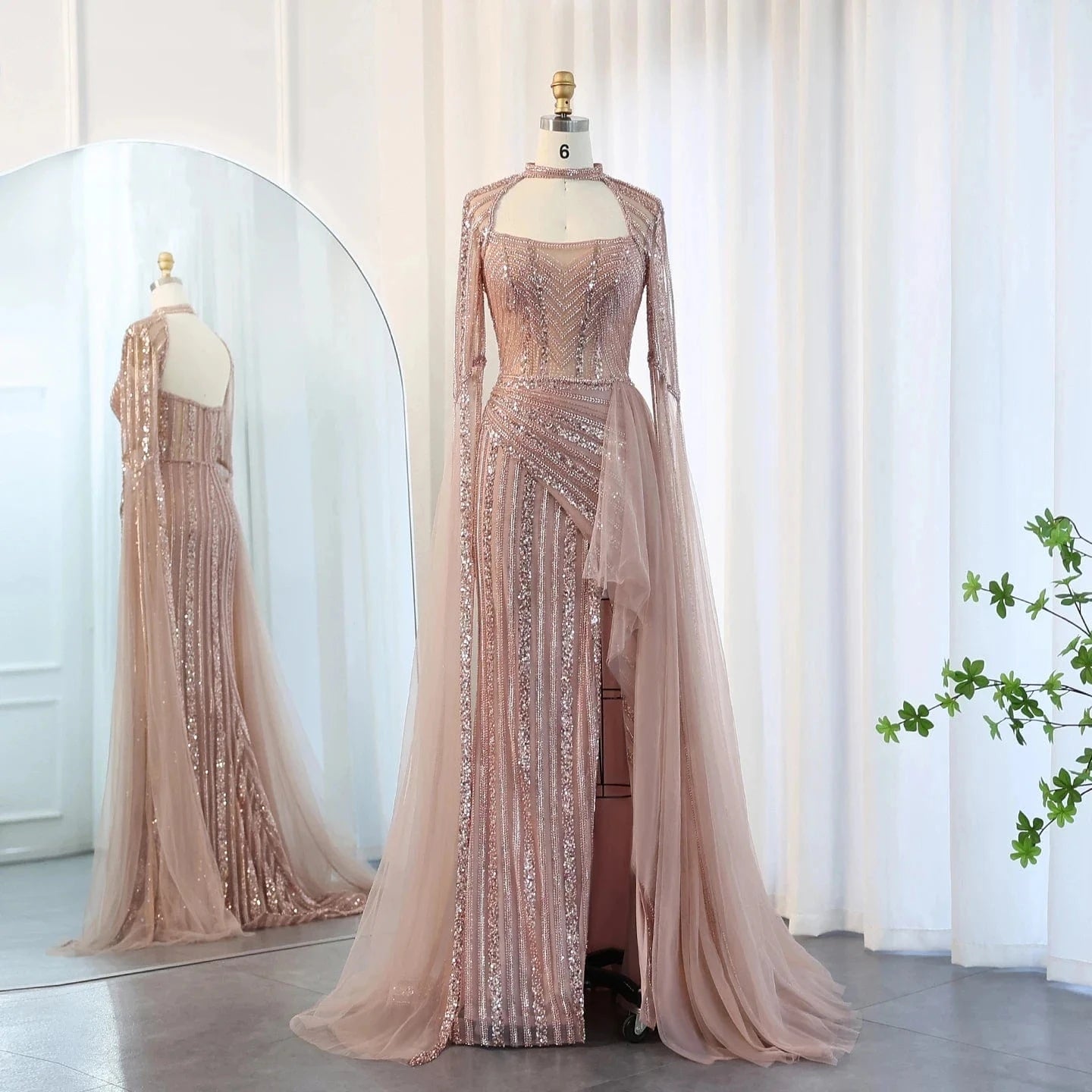 Luxury Mermaid Dusty Pink Evening Dress With Cape Sleeves Slit Elegant Yellow Blue Women Wedding Party Gowns Sz003