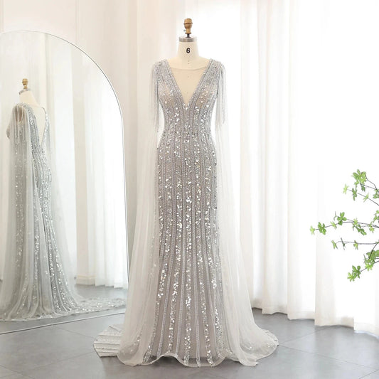 Luxury Mermaid Silver Gray Evening Dresses with Cape Sleeves Elegant Plus Size Women Wedding Guest Party Gowns SZ159