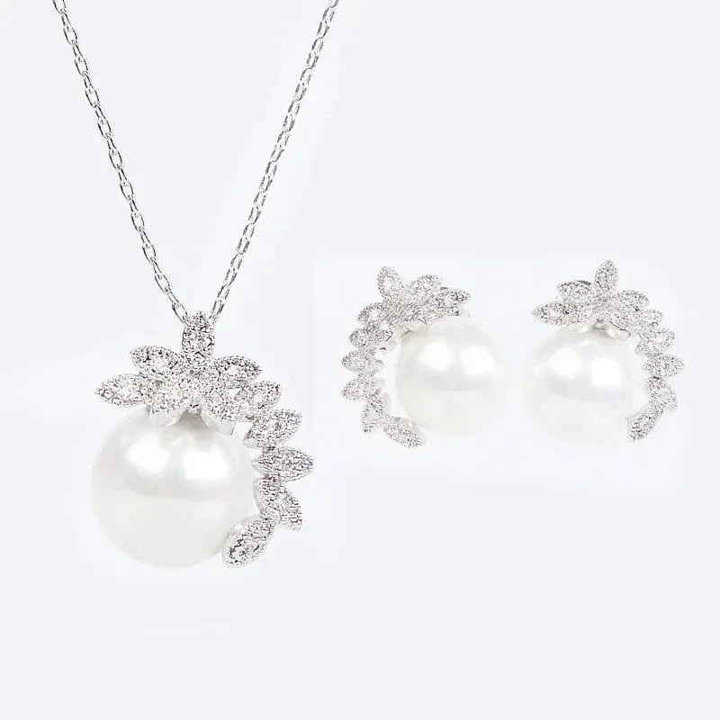luxury / NS-RK079S Fashion Fine Jewelry Wedding Copper Material Luxury High Quality Zircone pearl necklace set For Bride