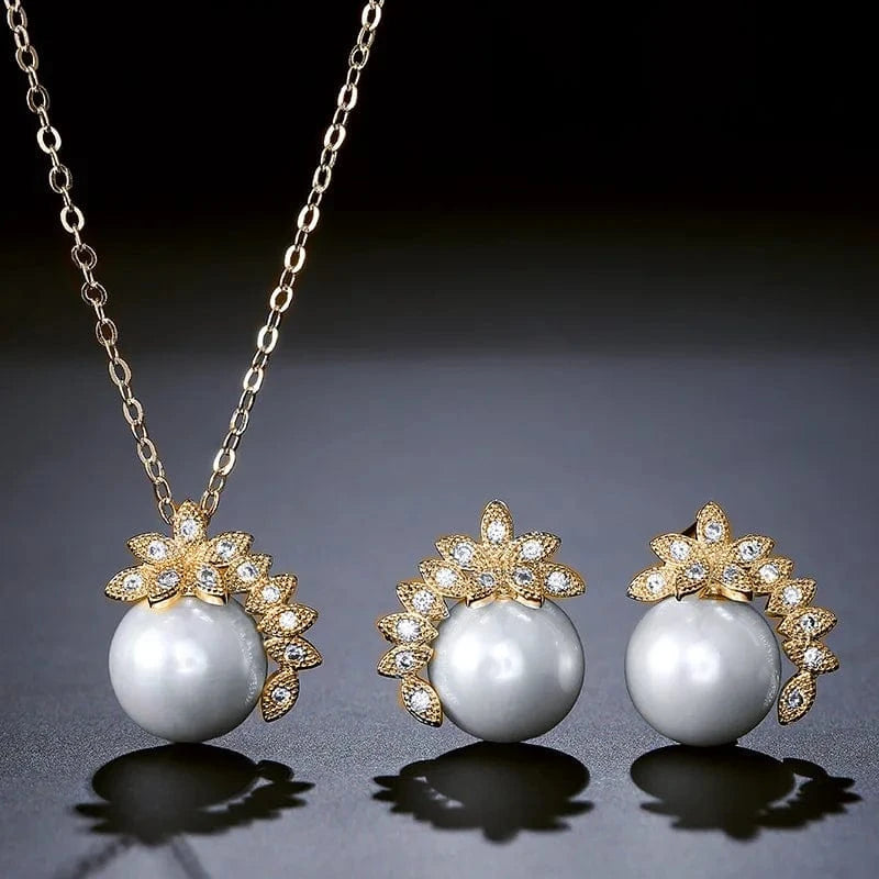 luxury / NS-RK079S Fashion Fine Jewelry Wedding Copper Material Luxury High Quality Zircone pearl necklace set For Bride