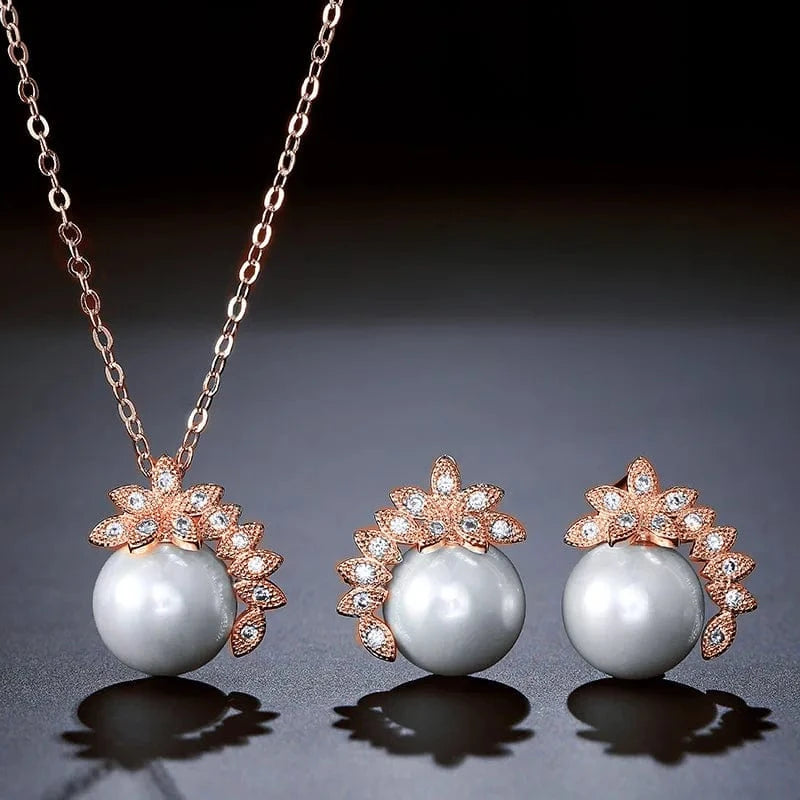 luxury / NS-RK079S Fashion Fine Jewelry Wedding Copper Material Luxury High Quality Zircone pearl necklace set For Bride