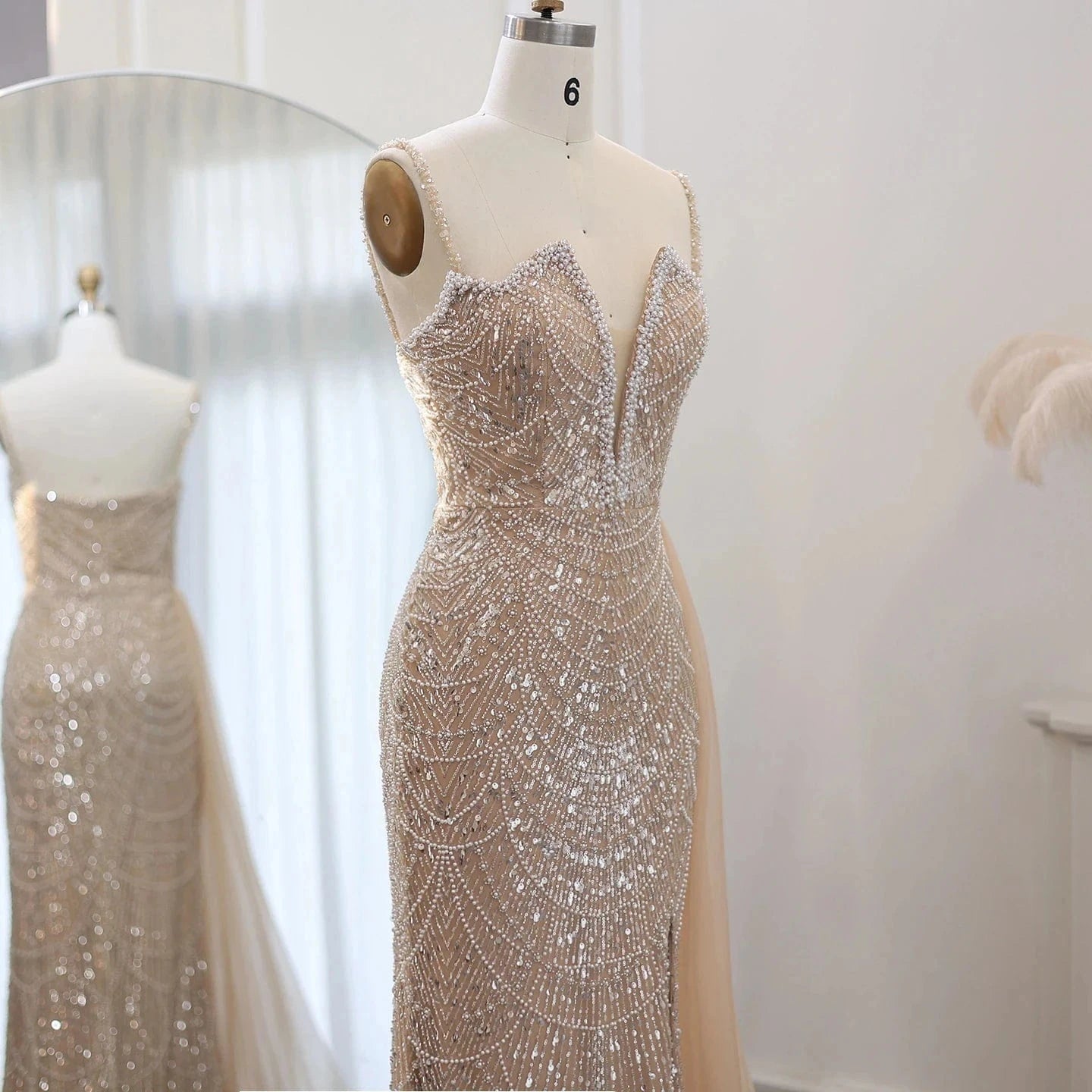 Luxury Nude Spaghetti Straps Mermaid Arabic Long Evening Dress with High Slit Overskirt for Wedding Party Gown SZ311