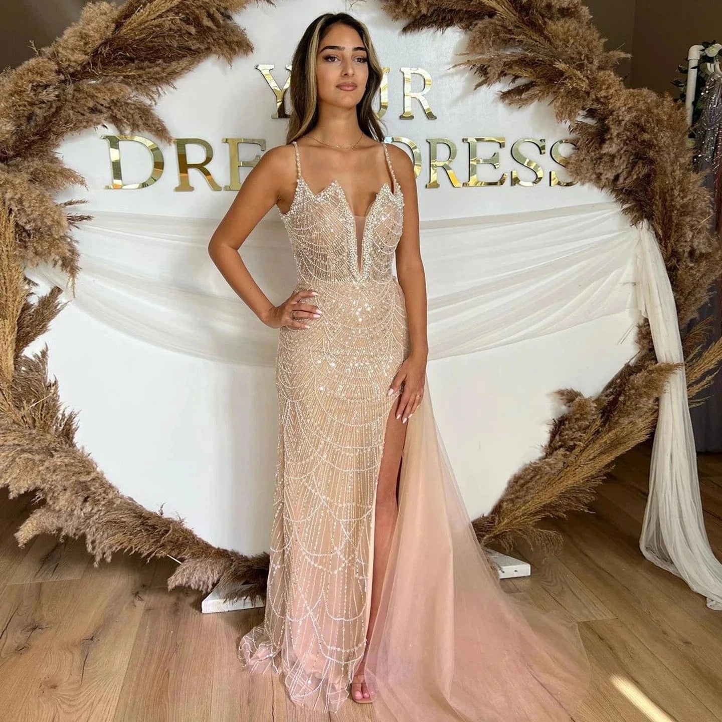 Luxury Nude Spaghetti Straps Mermaid Arabic Long Evening Dress with High Slit Overskirt for Wedding Party Gown SZ311