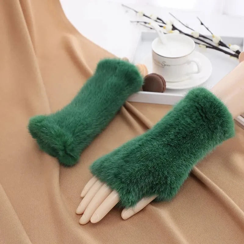 Luxury opera party warm half finger women winter gloves real mink fur mittens