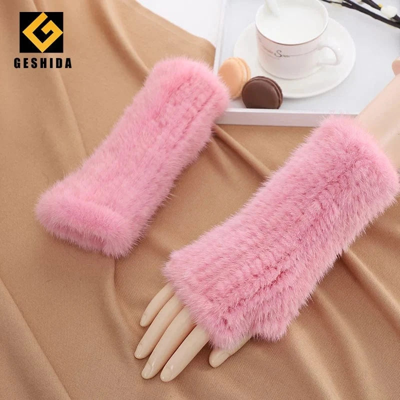 Luxury opera party warm half finger women winter gloves real mink fur mittens