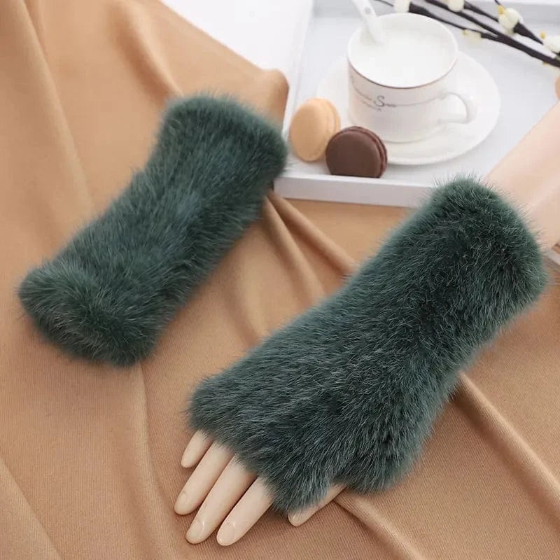 Luxury opera party warm half finger women winter gloves real mink fur mittens