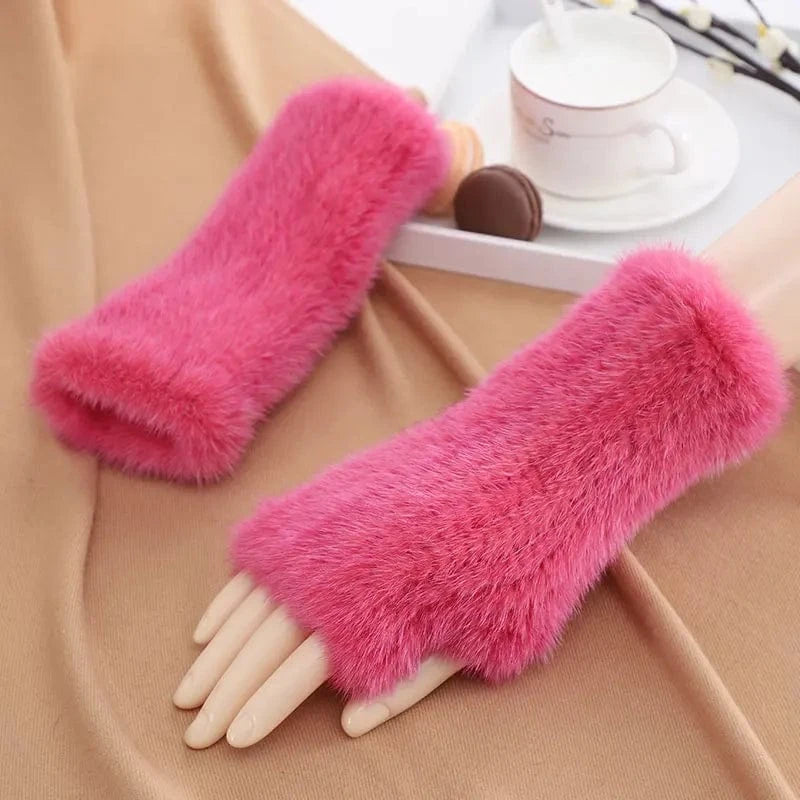 Luxury opera party warm half finger women winter gloves real mink fur mittens
