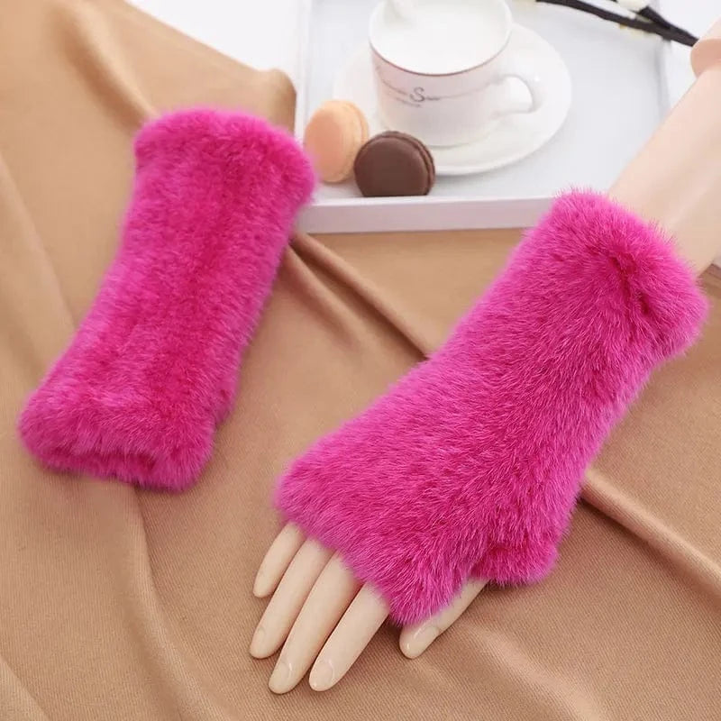 Luxury opera party warm half finger women winter gloves real mink fur mittens
