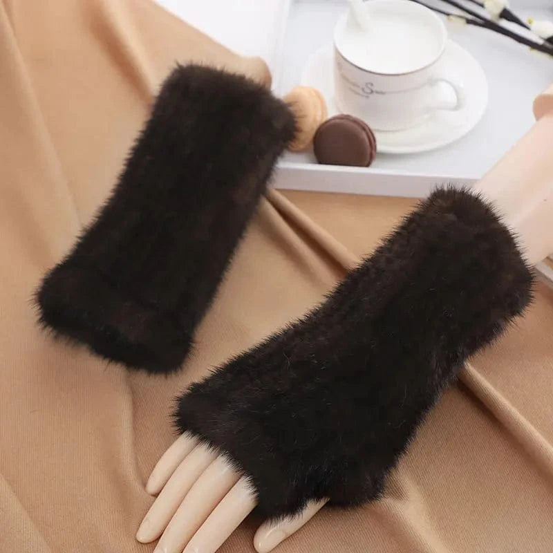 Luxury opera party warm half finger women winter gloves real mink fur mittens