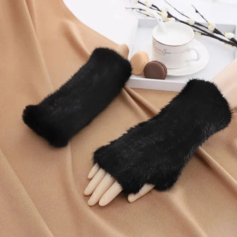 Luxury opera party warm half finger women winter gloves real mink fur mittens