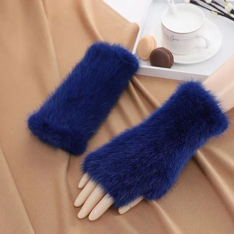Luxury opera party warm half finger women winter gloves real mink fur mittens