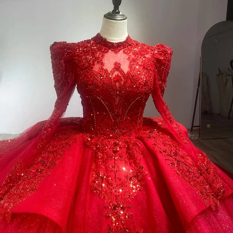 Luxury Red Wedding Dresses Long Sleeve High Neck Applique Lace Up Church Bride Gowns Wm30